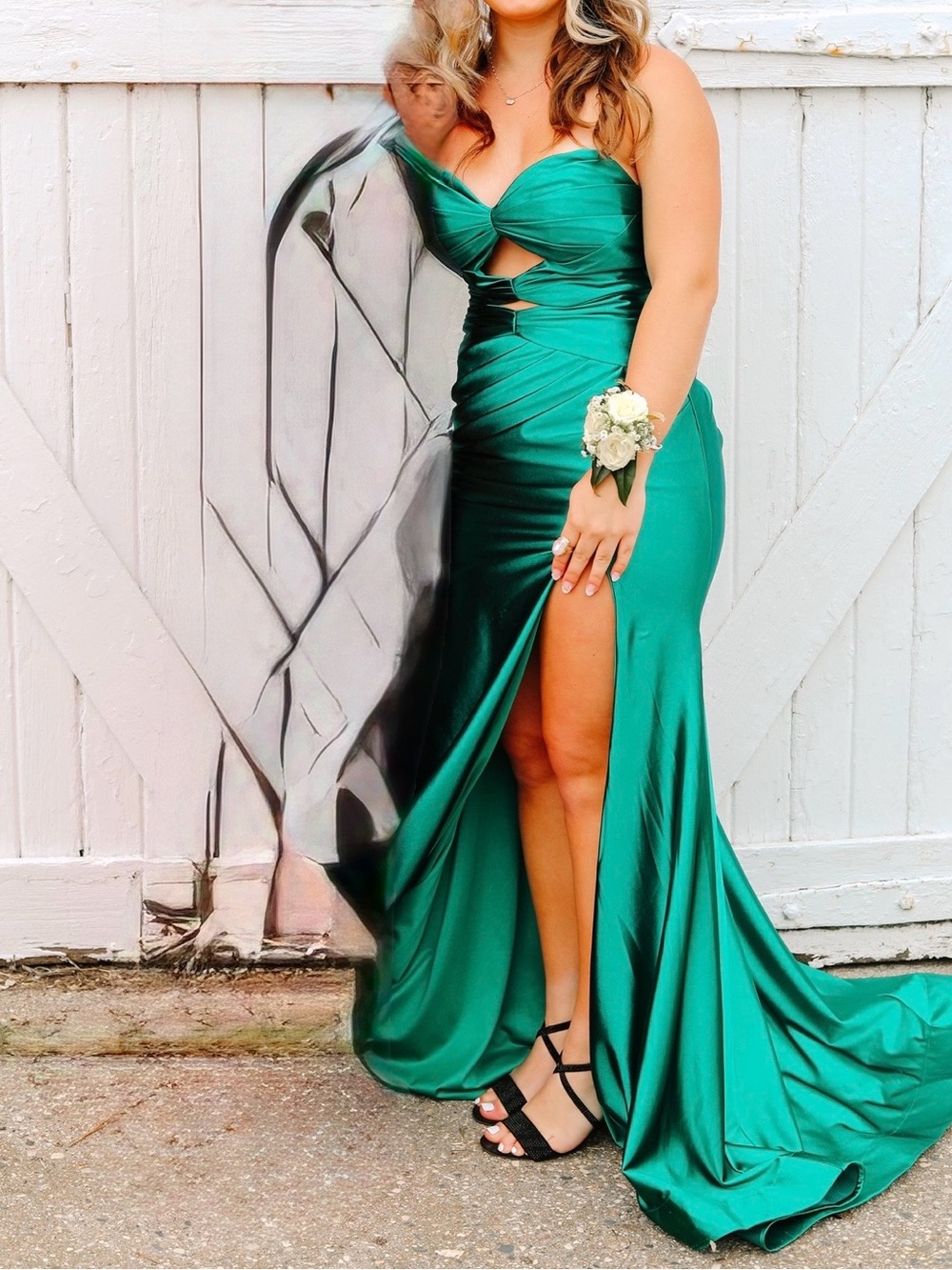 Sherri Hill Emerald Green Satin Strapless Cutout Prom Dress